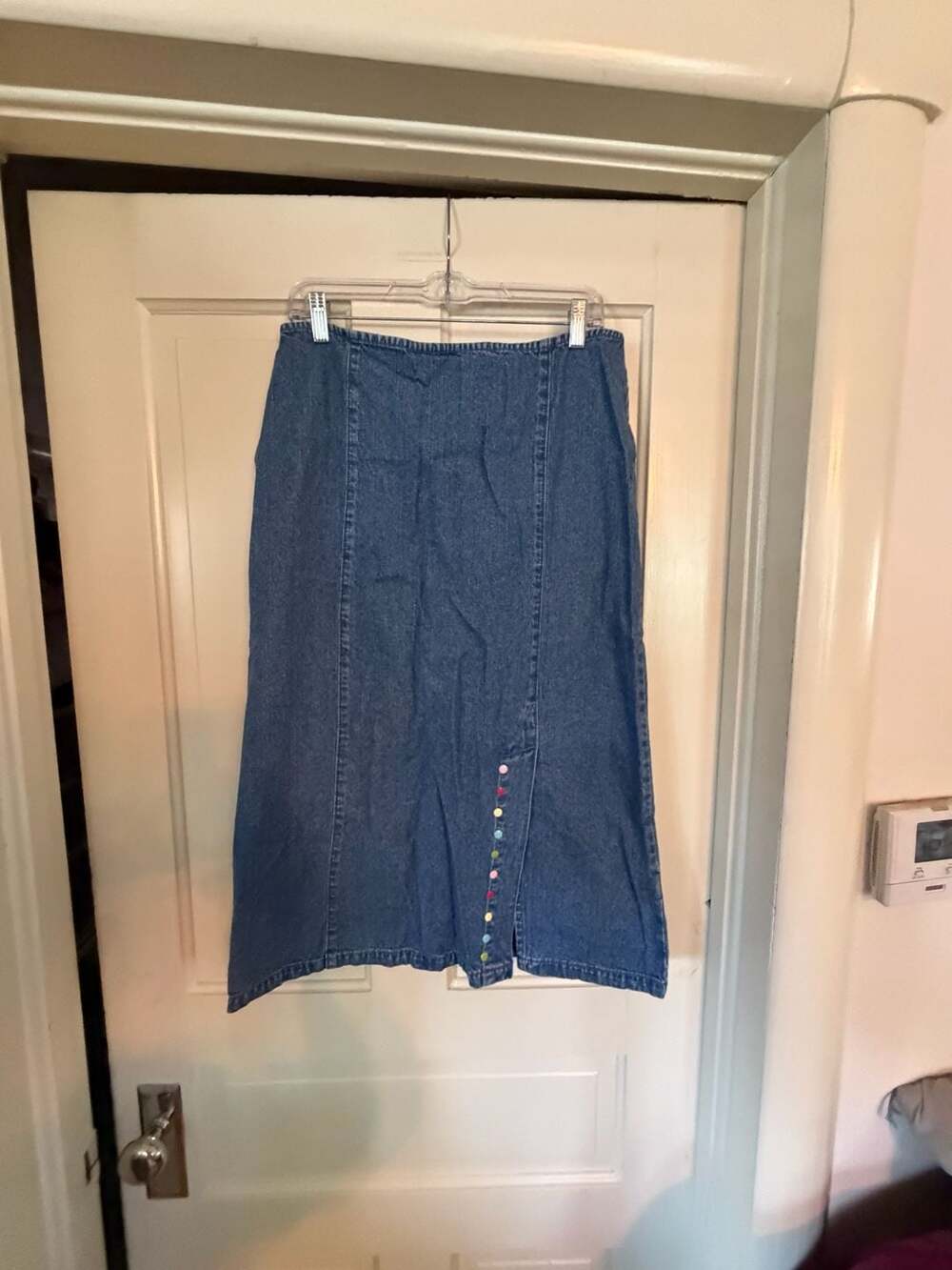 Christopher & Banks Vintage Denim Midi Skirt with Colorful Button Accent